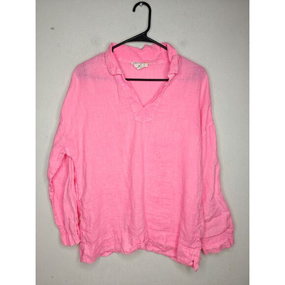 C&C California Women's Barbie Hot Pink 100% Linen Blouse Size Medium 3/4 Sleeve - Picture 7 of 7